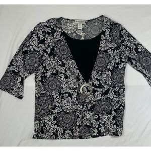 Dressbarn Top Women 3X Black White Paisley Faux Wrap Ring 3/4 Sleeve Blouse 7771